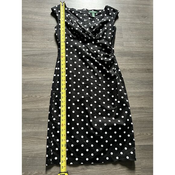 Lauren Ralph Lauren Sheath Dress Black White Polka Dot Ruched Faux Wrap Size 8 - Picture 6 of 9